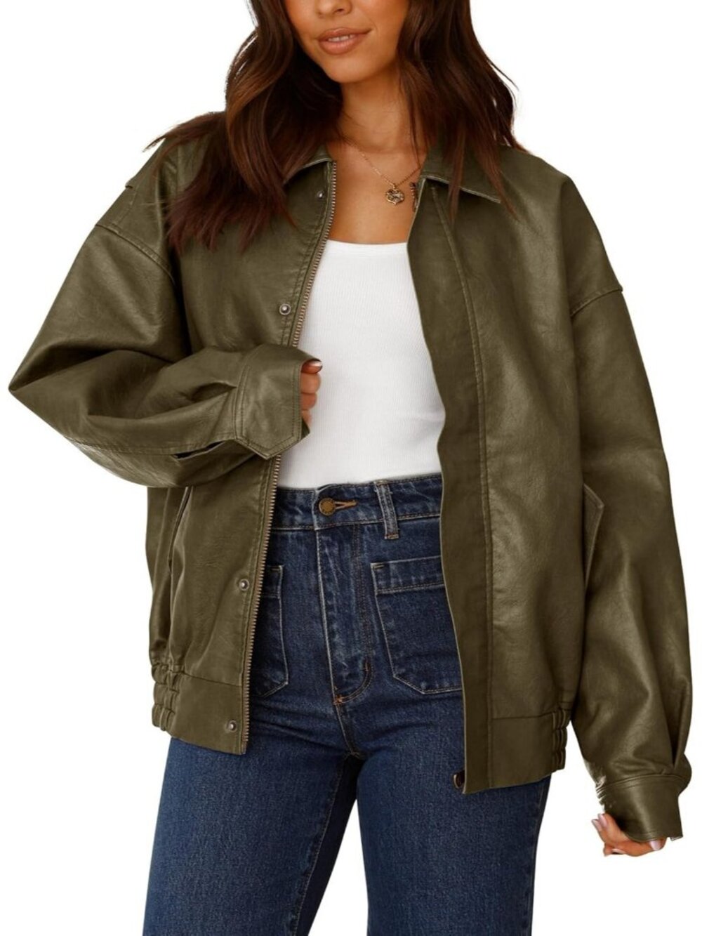 Women's Army Green Oversized Winter Moto Biker ZIP Up Fall Faux Leather Jacket